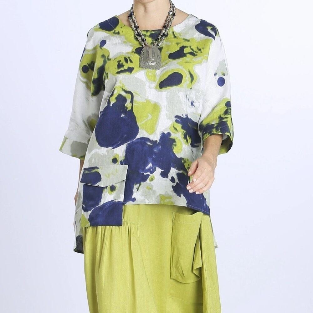 IC by Connie K Sz S Top Linen Abstract Lagenlook Art To Wear Oversized Relaxed